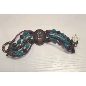 Handmade Multi-strand Beaded Bracelet Leather Center Bronze Accents Adjustable